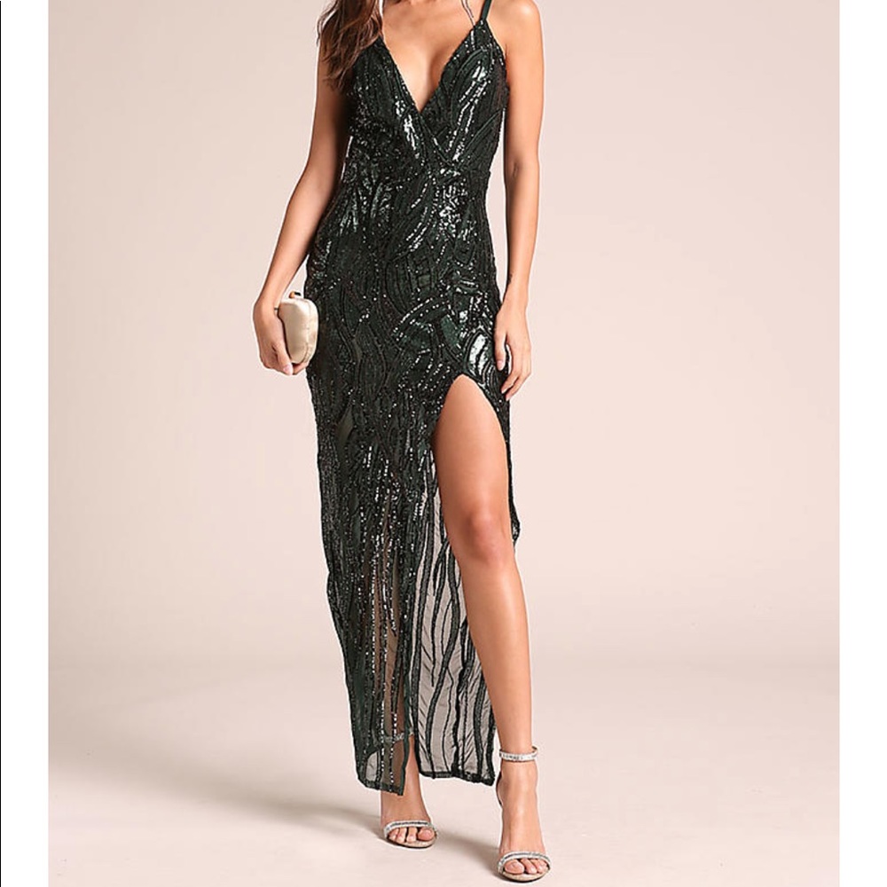 Green Sequin High Split Plunge Maxi Dress